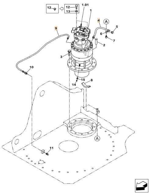 Case CX220C installation diagram showing hydraulic hose KHJ14930 at Pipe No. 9