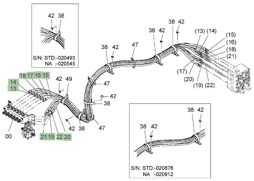 Hitachi ZX850LC-3 installation diagram showing hydraulic hose 4448759 at Pipe No. 20