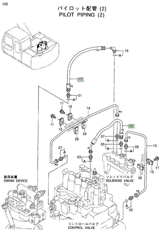 Hitachi EX120-5 installation diagram showing hydraulic hose 4366267 at Pipe No. 17