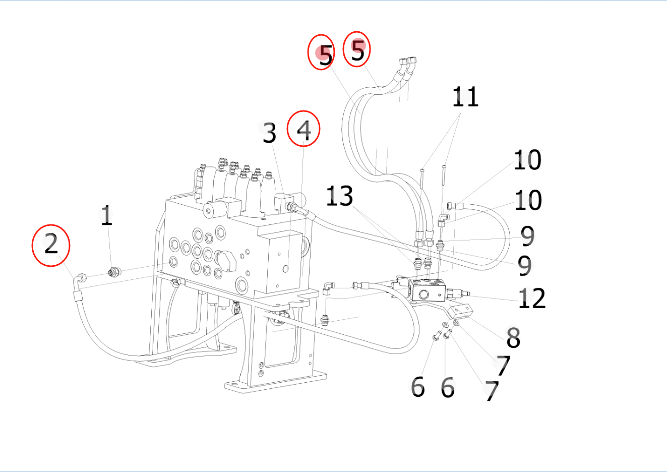 Sunward SWE150E installation diagram showing hydraulic hose 73050200A095 at Pipe No. 5