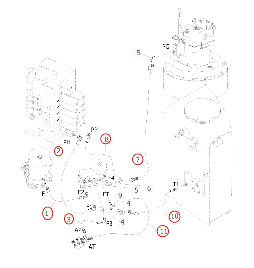 Sunward SWE155F installation diagram showing hydraulic hose 730501000895 at Pipe No. 11