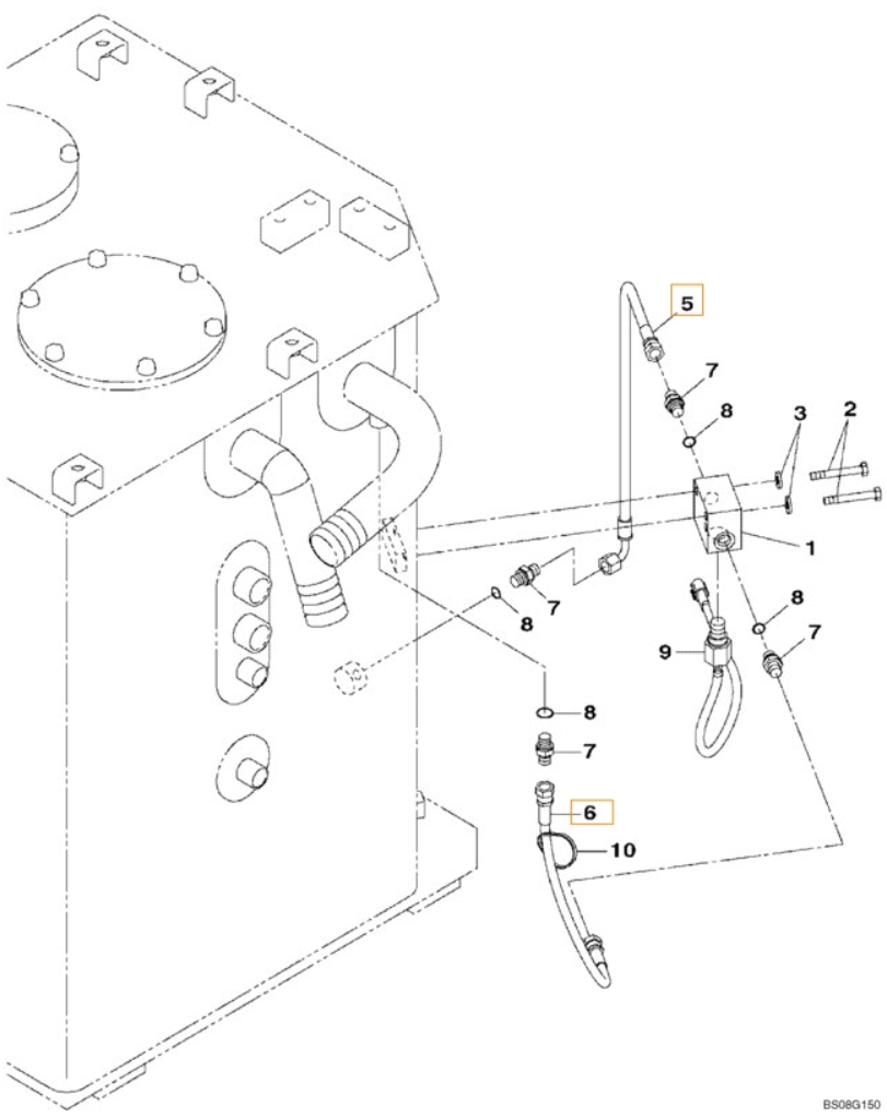 Case CX470B installation diagram showing hydraulic hose KHJ2142 at Pipe No. 6
