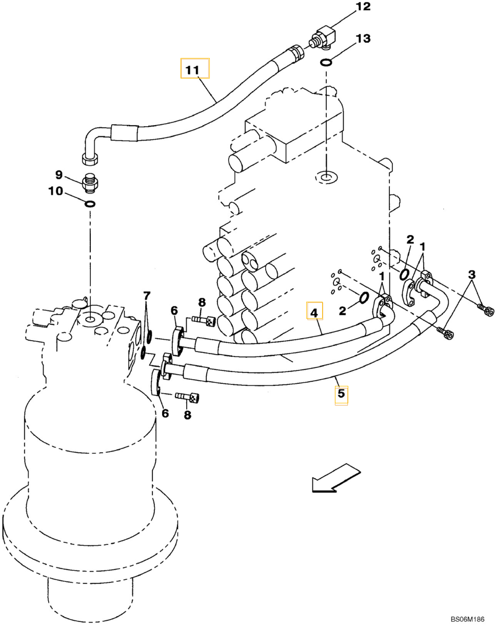 Case CX290B installation diagram showing hydraulic hose KBJ11430 at Pipe No. 11