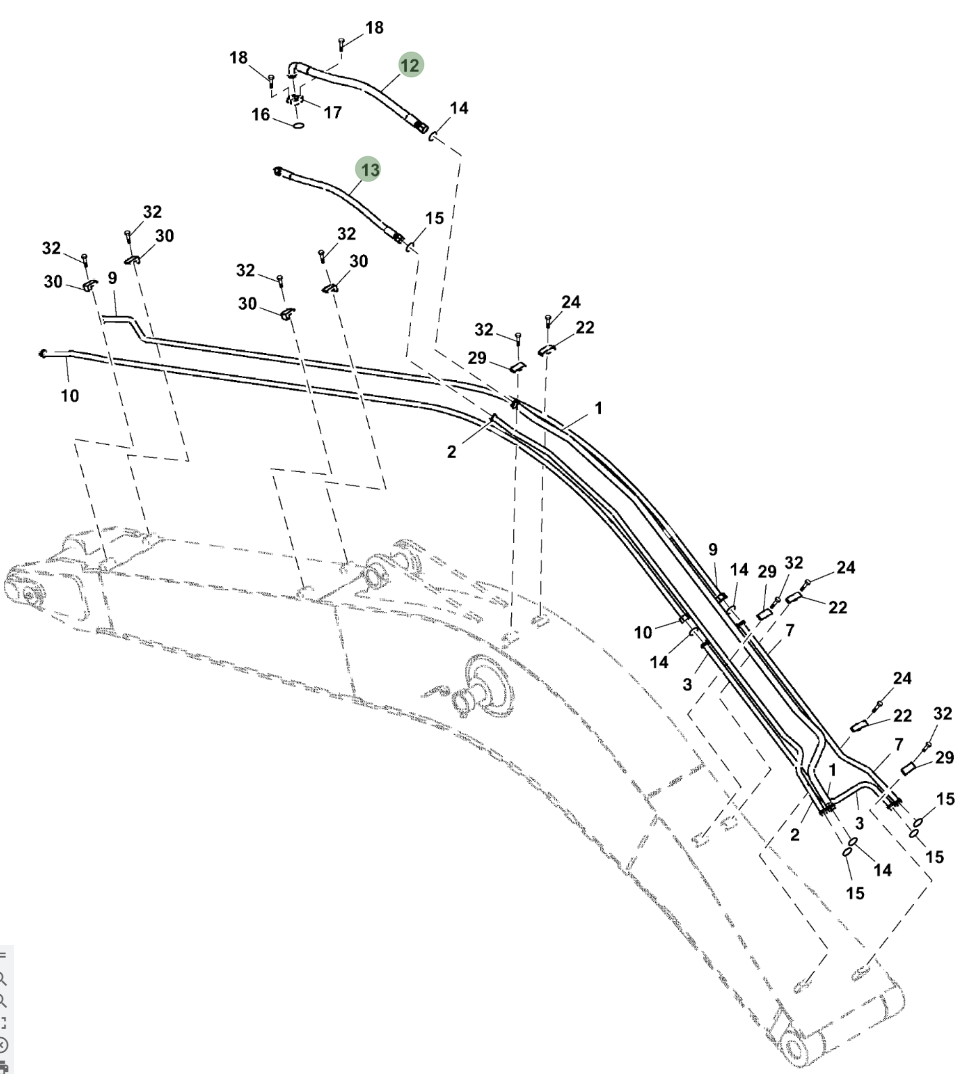 Hitachi ZX250LC-6N installation diagram showing hydraulic hose 4628529 at Pipe No. 12