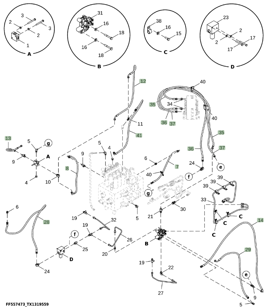 Hitachi ZX300LC-6N installation diagram showing hydraulic hose 4276003 at Pipe No. 14