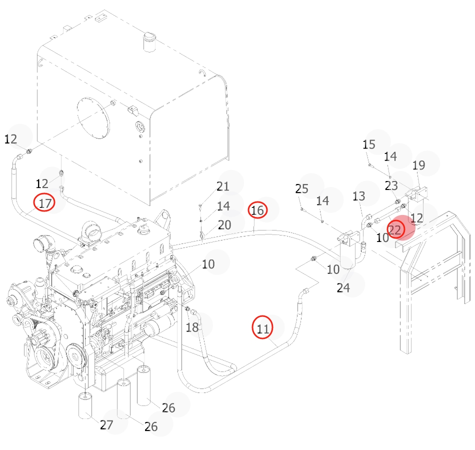 Sunward SWE500ES installation diagram showing hydraulic hose 730501005916 at Pipe No. 22