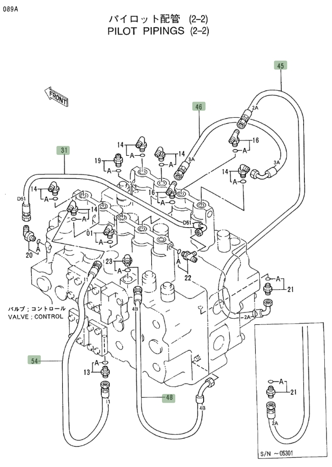 Hitachi EX400LC-3 installation diagram showing hydraulic hose 4308648 at Pipe No. 46