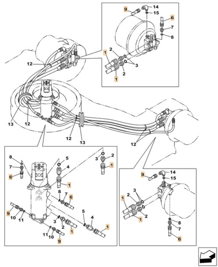 Case CX490C installation diagram showing hydraulic hose KBA1163 at Pipe No. 9