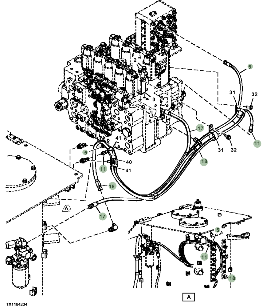 Hitachi ZX470LC-6 installation diagram showing hydraulic hose 4713490 at Pipe No. 5