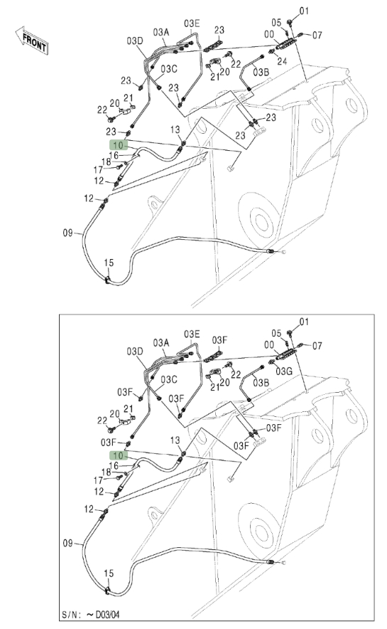 Hitachi ZX600LC installation diagram showing hydraulic hose 4306073 at Pipe No. 10