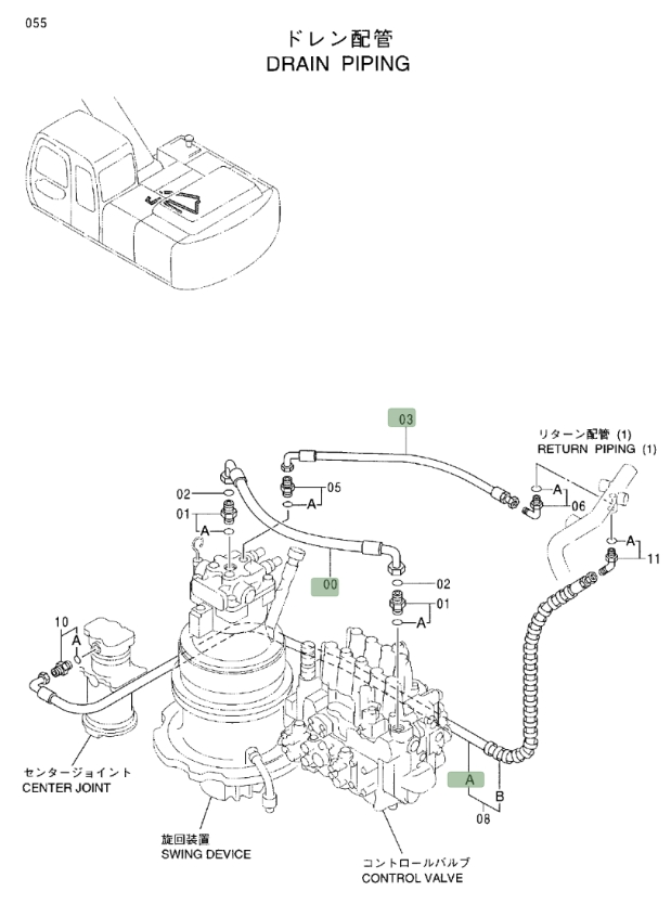 Hitachi EX200LC-5 installation diagram showing hydraulic hose 4334911 at Pipe No. 8A