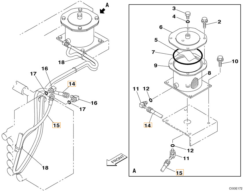 Case CX290 installation diagram showing hydraulic hose KAJ3241 at Pipe No. 14