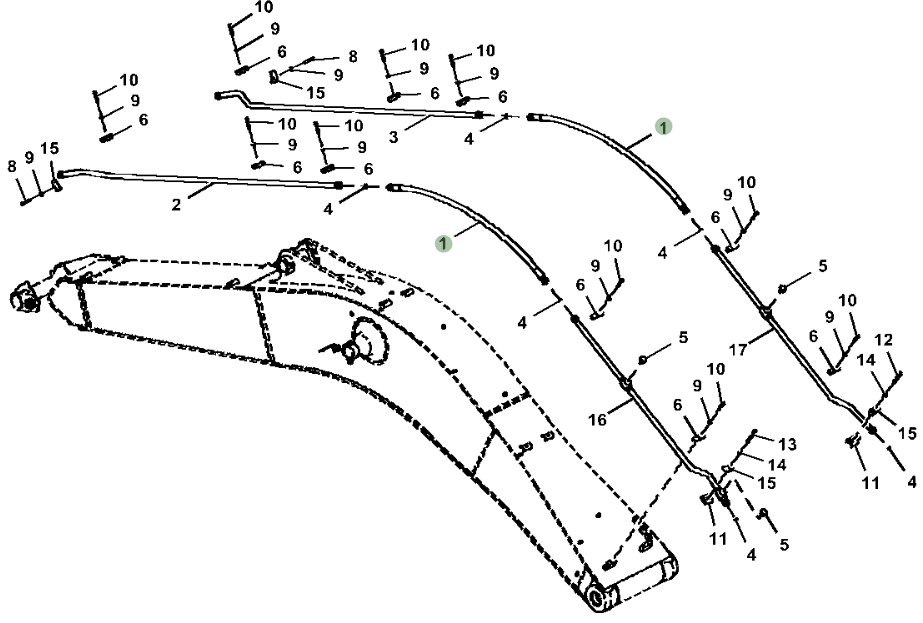 Hitachi ZX250LC-6N installation diagram showing hydraulic hose 4650823 at Pipe No. 1