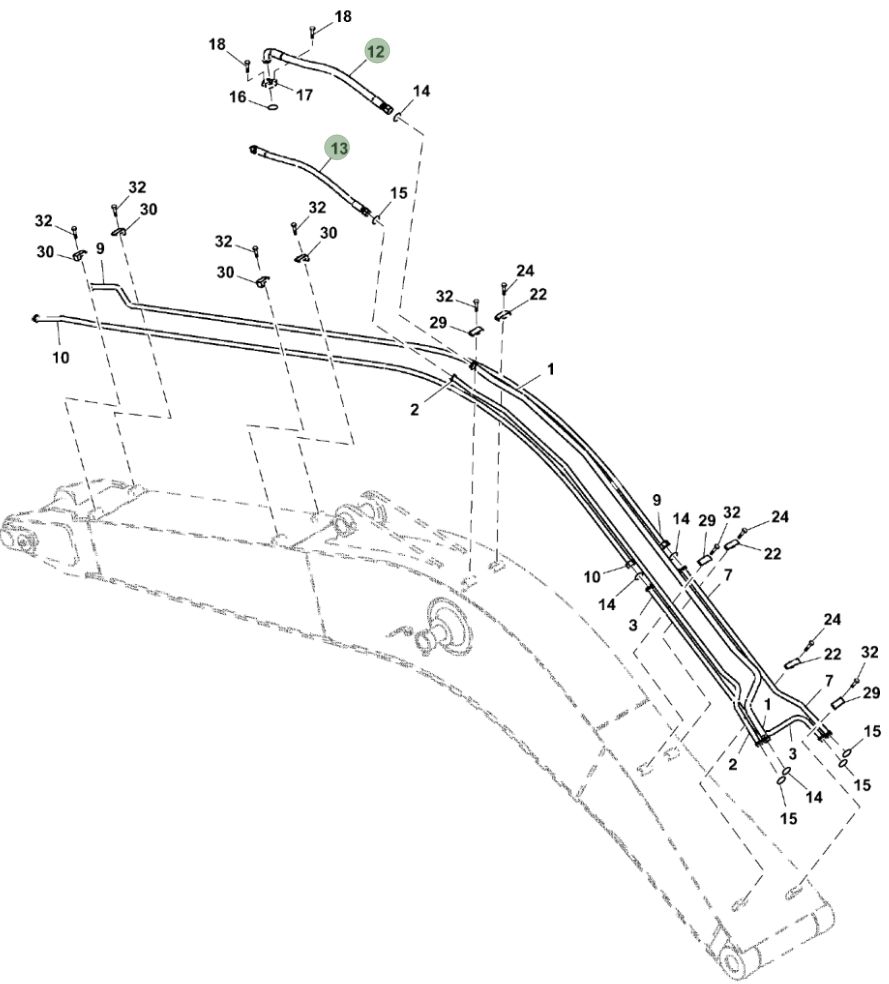 Hitachi ZX250LC-5G installation diagram showing hydraulic hose 4628532 at Pipe No. 13