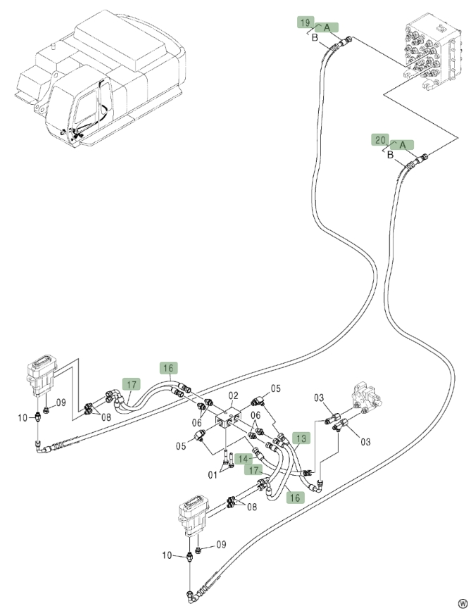 Hitachi ZX450LC installation diagram showing hydraulic hose 4470091 at Pipe No. 14
