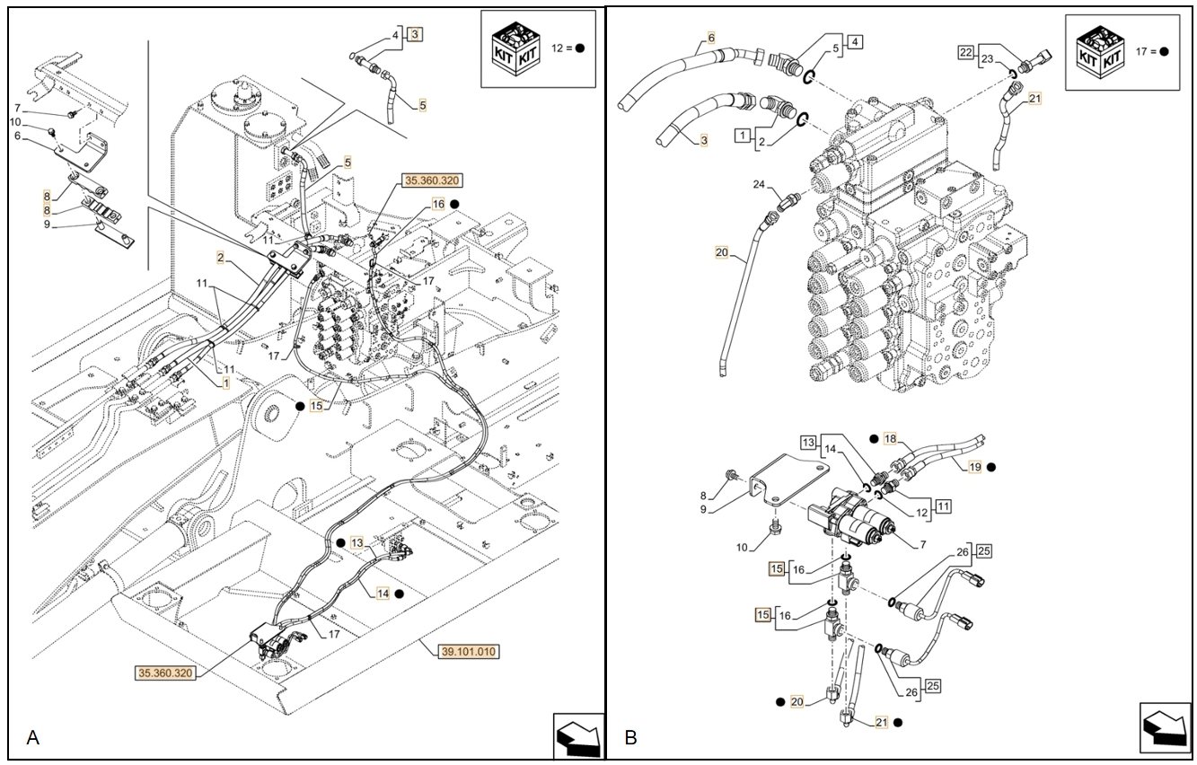 Case CX130D LC installation diagram showing hydraulic hose KHJ25060 at Pipe No. A15-B20