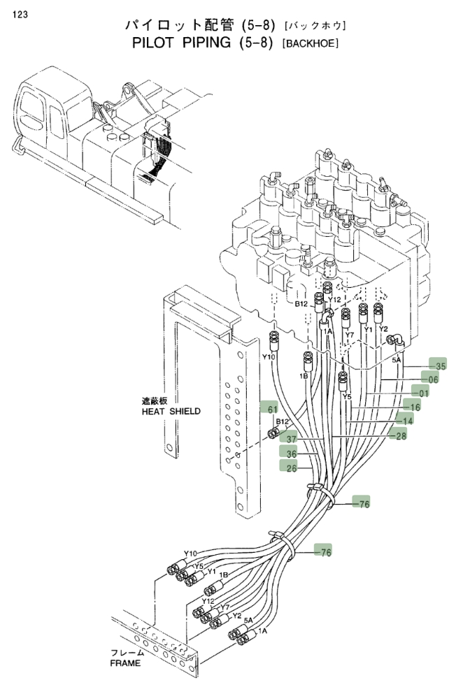 Hitachi EX750-5 installation diagram showing hydraulic hose 4375852 at Pipe No. 16