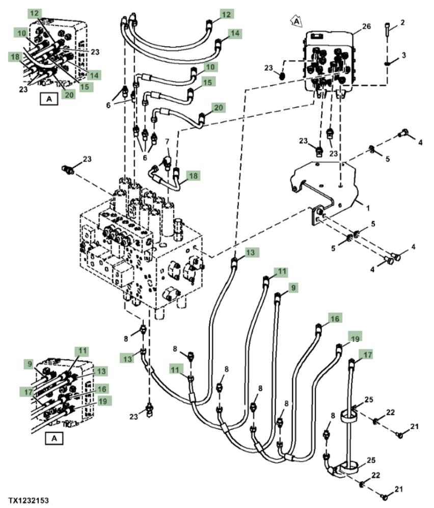 Hitachi ZX310F-FE-6N installation diagram showing hydraulic hose 4649405 at Pipe No. 18