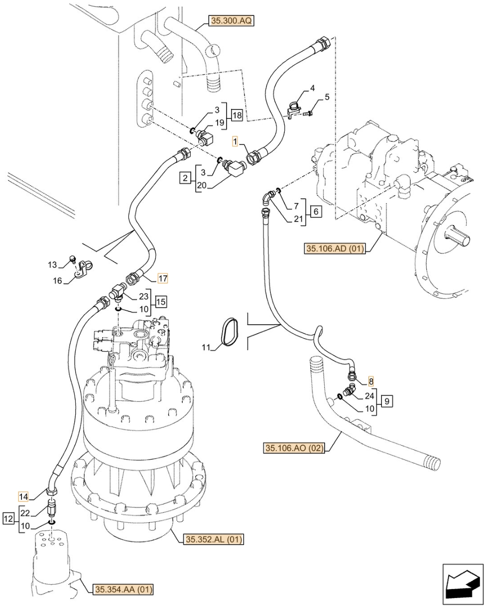 Case CX370D LC installation diagram showing hydraulic hose KSJ2790 at Pipe No. 14