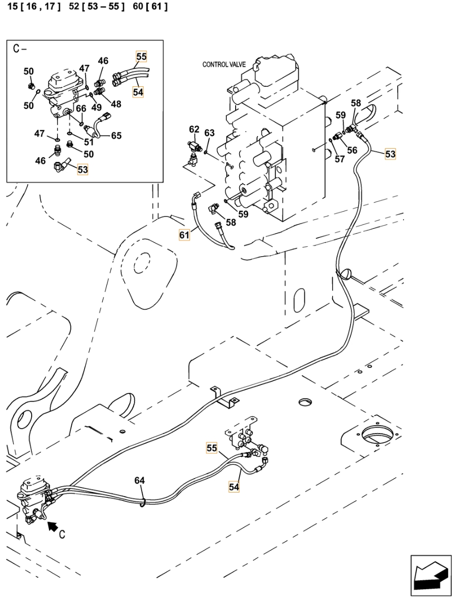 Case CX350C-8 installation diagram showing hydraulic hose KHJ2050 at Pipe No. 55