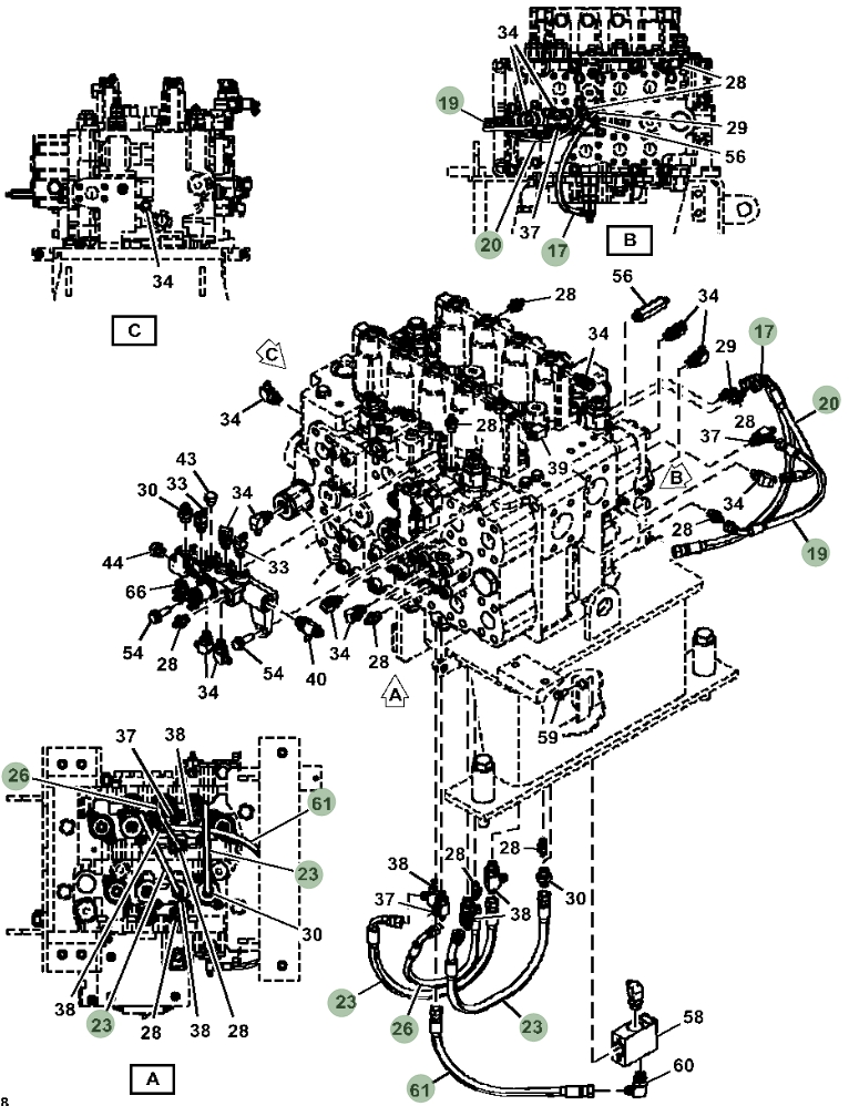 Hitachi ZX470-5A installation diagram showing hydraulic hose 4213401 at Pipe No. 23