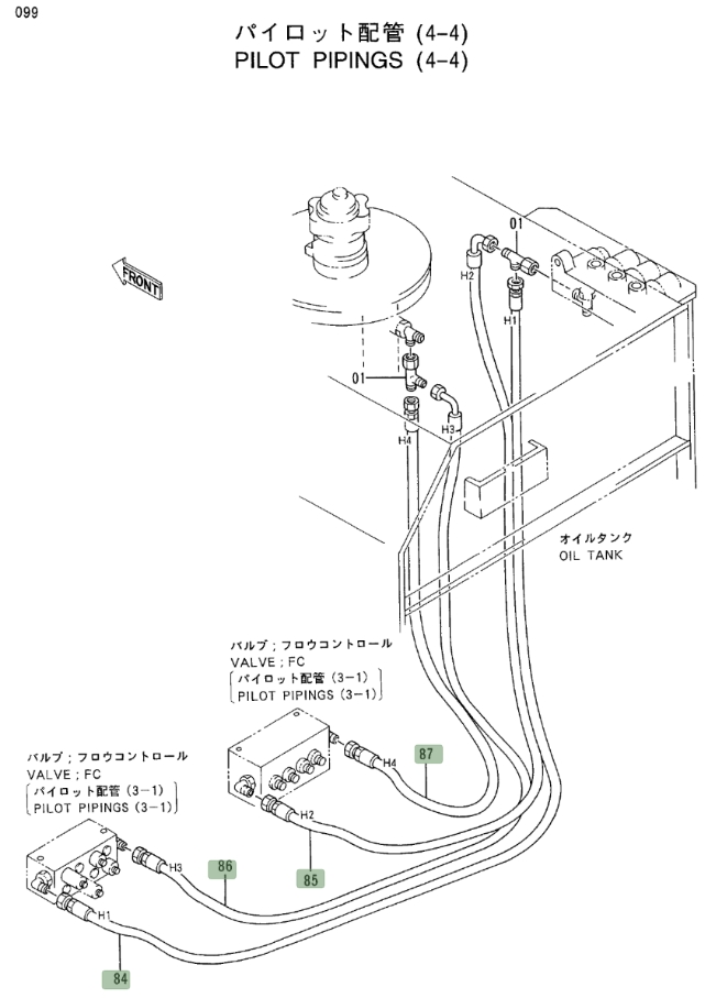 Hitachi EX400LC-3C installation diagram showing hydraulic hose 4366766 at Pipe No. 87