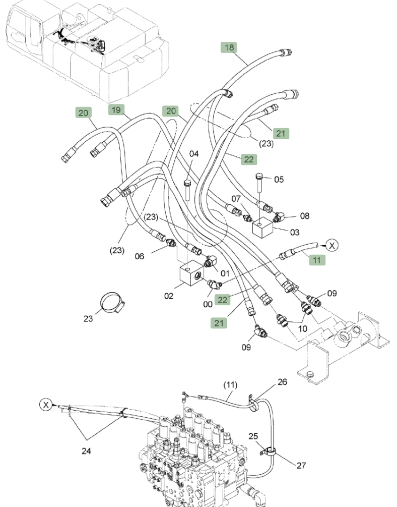 Hitachi ZX450LC-3 installation diagram showing hydraulic hose 4322514 at Pipe No. 21