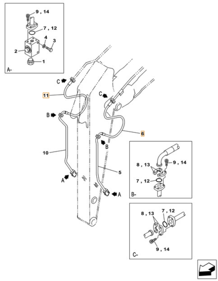 Case CX490C installation diagram showing hydraulic hose KBV15980 at Pipe No. 6