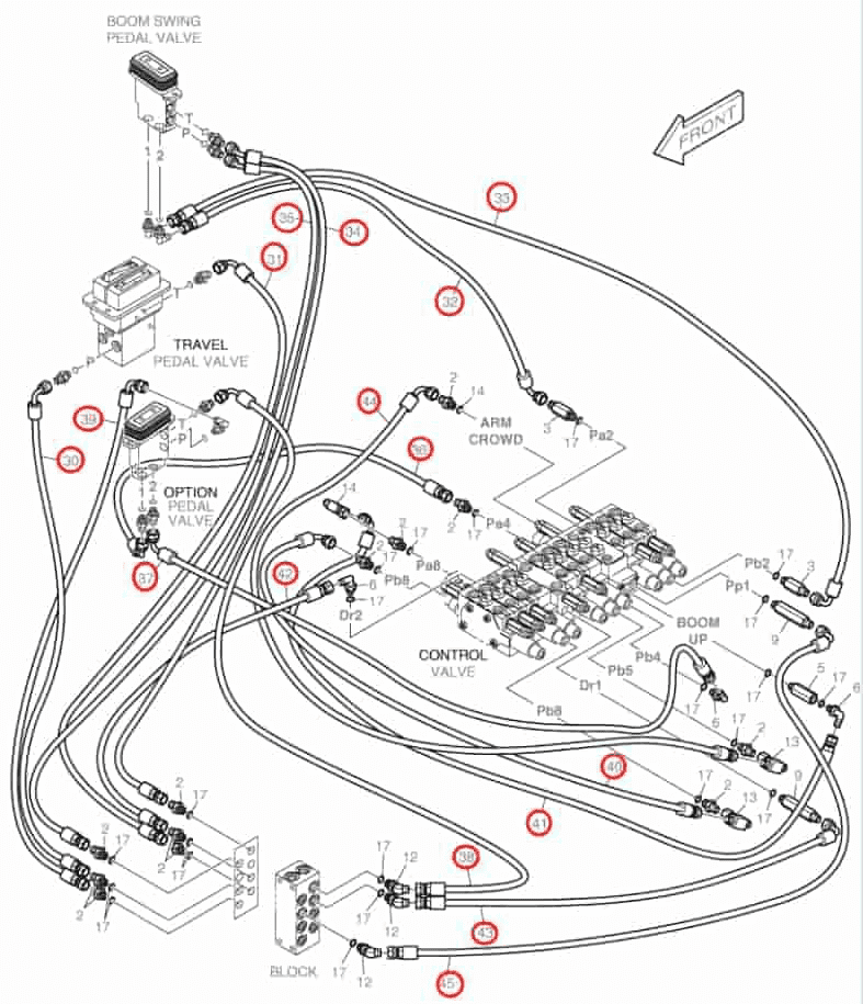 Doosan DX30Z installation diagram showing hydraulic hose DS2093017 at Pipe No. 32
