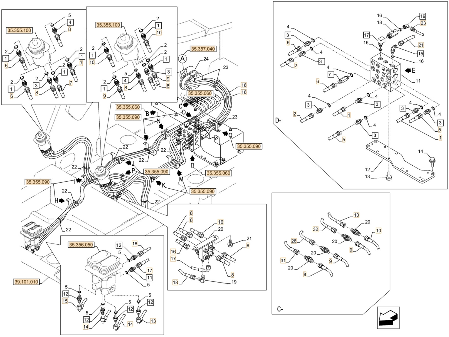 Case CX750D RTC installation diagram showing hydraulic hose 159213A1 at Pipe No. 8