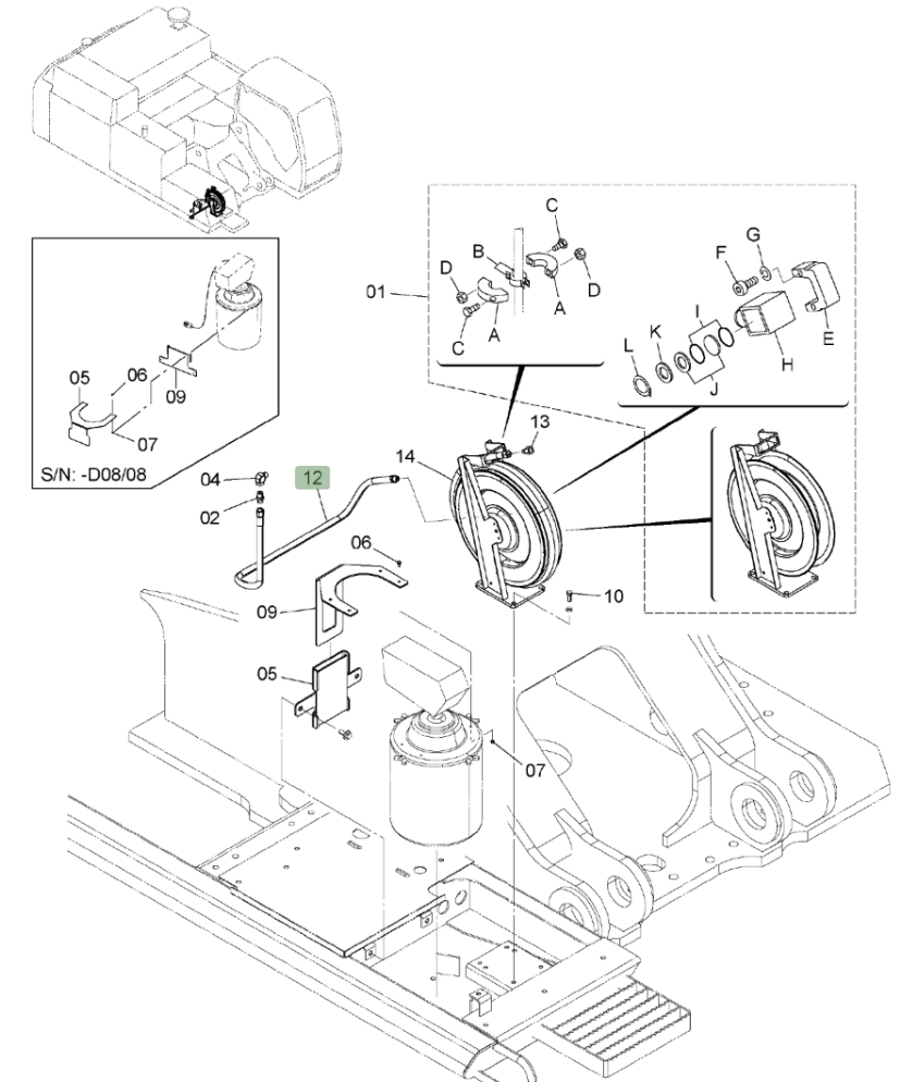 Hitachi ZX450LC-3 installation diagram showing hydraulic hose 4055122 at Pipe No. 12