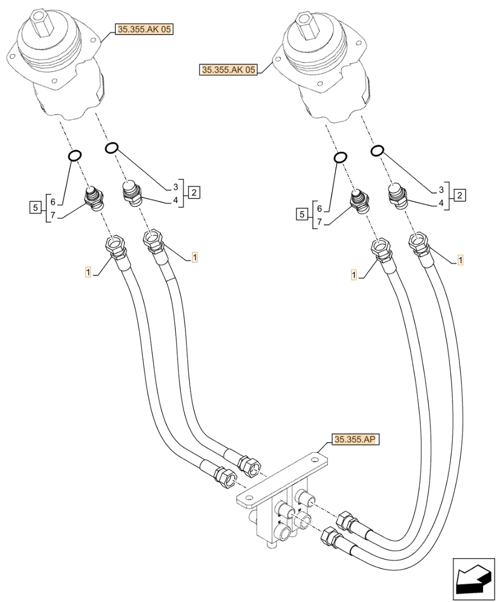 Case CX500D LC installation diagram showing hydraulic hose 159213A1 at Pipe No. 1