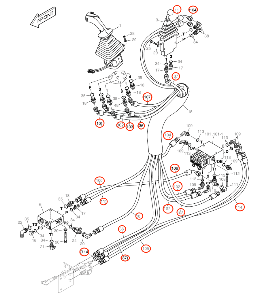 Doosan E57W installation diagram showing hydraulic hose DS2092054 at Pipe No. 103