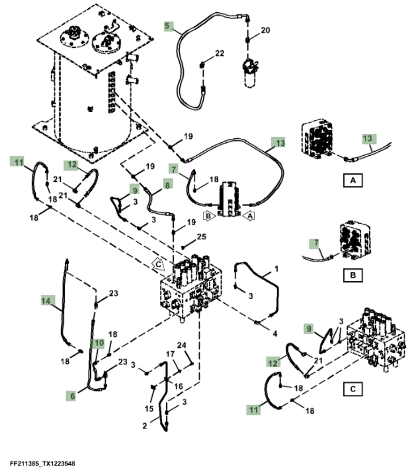 Hitachi ZX370F-FE-6N installation diagram showing hydraulic hose 4715421 at Pipe No. 14