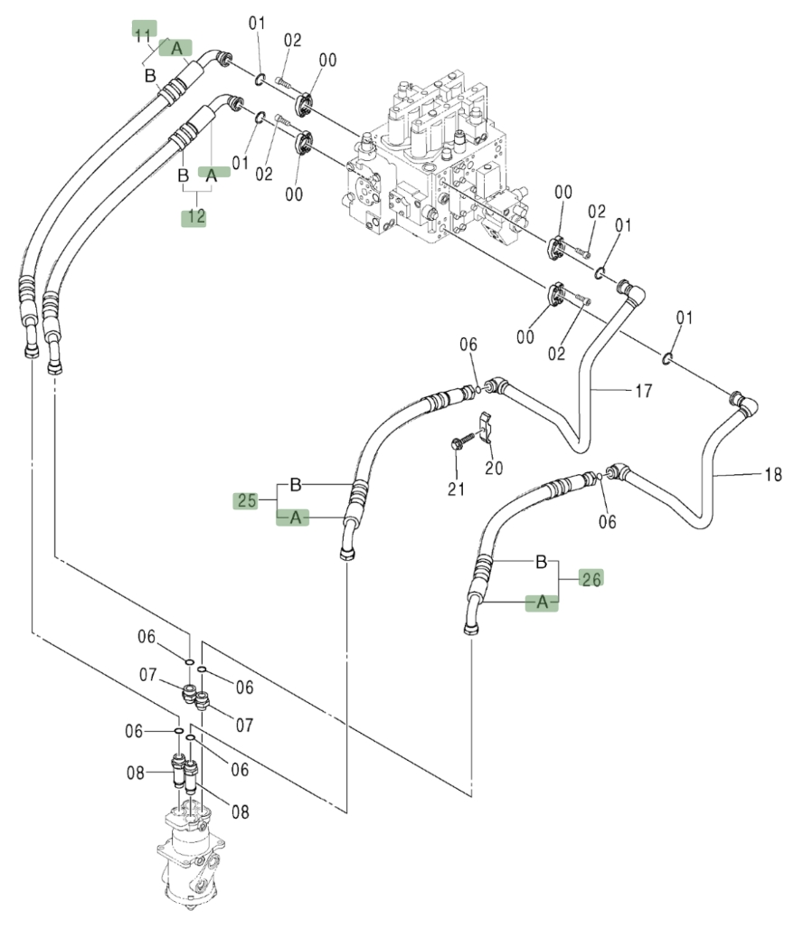 Hitachi ZX370 installation diagram showing hydraulic hose 9235478 at Pipe No. 26