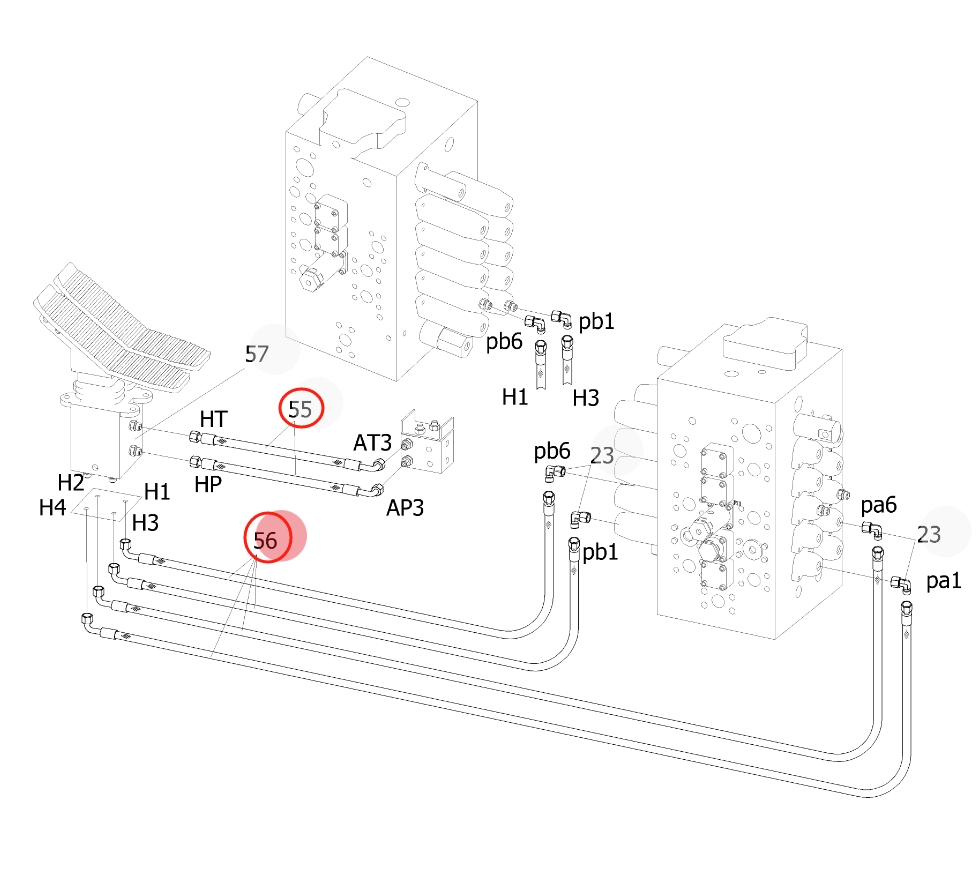 Sunward SWE235E-3 installation diagram showing hydraulic hose 730502000390 at Pipe No. 56
