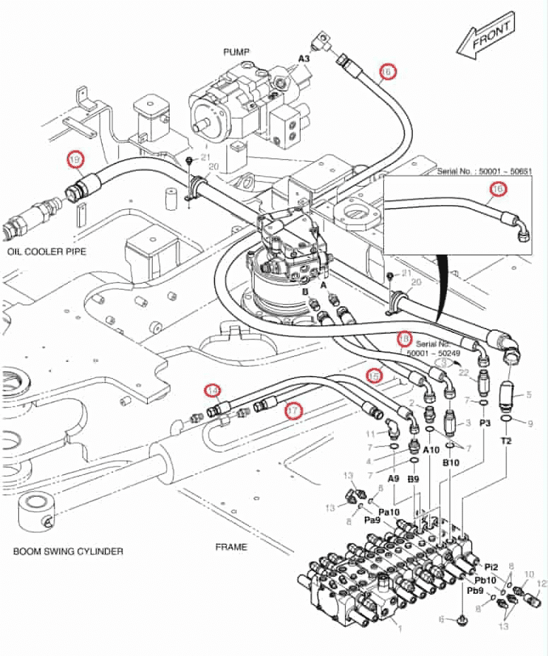 Doosan DX60R installation diagram showing hydraulic hose DS2054292 at Pipe No. 19