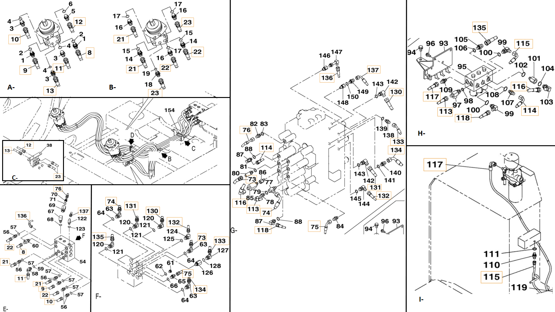 Case CX250C installation diagram showing hydraulic hose KHJ2142 at Pipe No. G118-H118