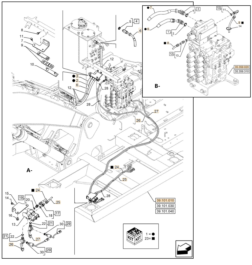 Case CX130E LC installation diagram showing hydraulic hose KHJ2088 at Pipe No. A24