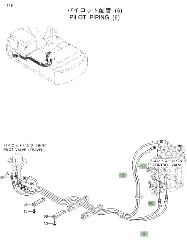 Hitachi EX370-5 installation diagram showing hydraulic hose 4386670 at Pipe No. 0