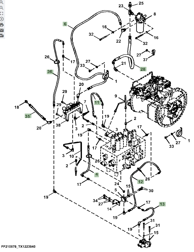 Hitachi ZX370FLC-LL-6N installation diagram showing hydraulic hose 4447441 at Pipe No. 6