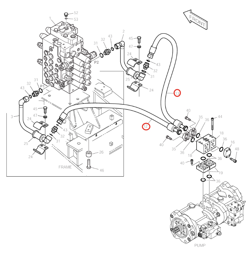 Doosan DX150LC installation diagram showing hydraulic hose 2184-1201D9 at Pipe No. 12