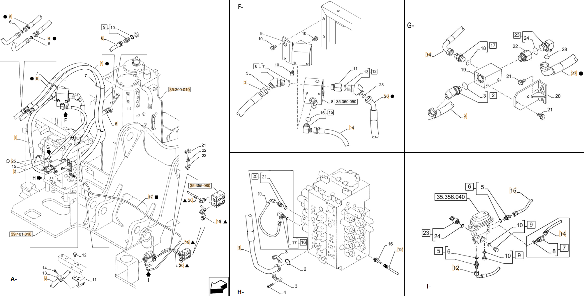 Case CX245D SR installation diagram showing hydraulic hose KAJ3619 at Pipe No. A2-F14-G14