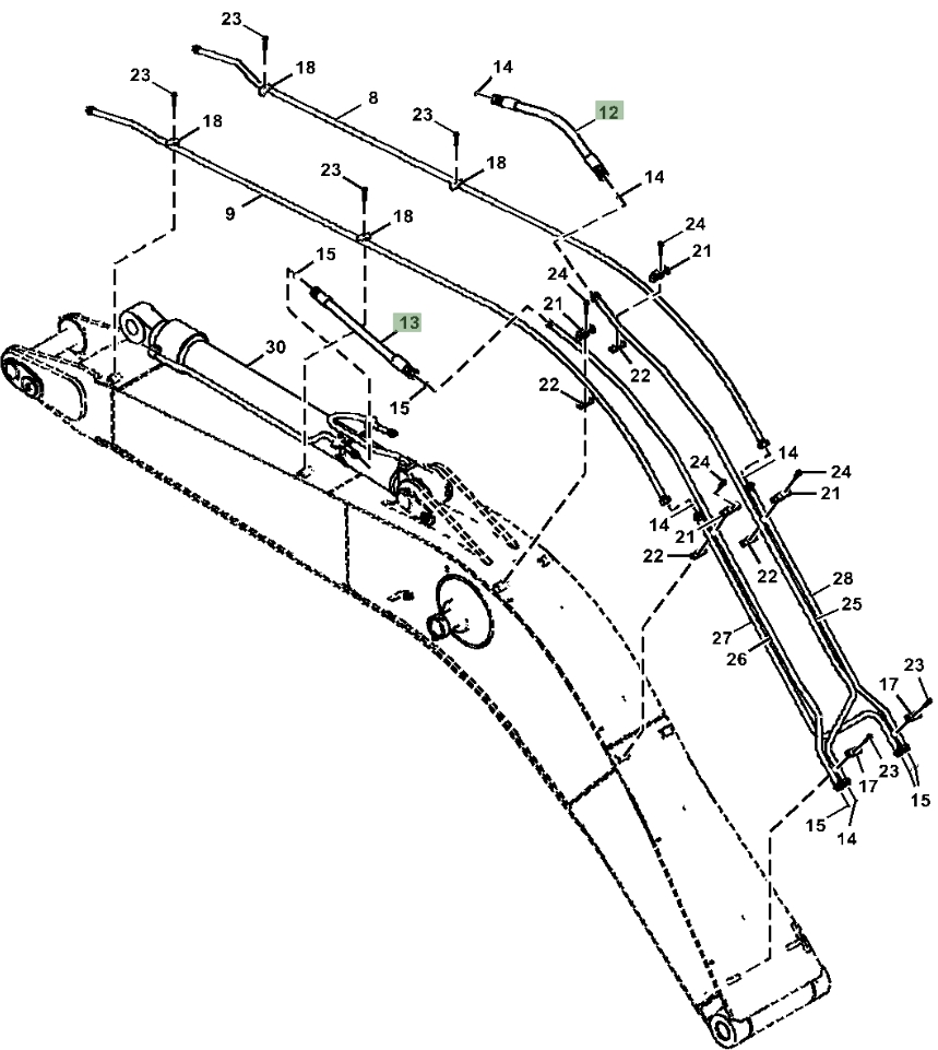 Hitachi ZX380LC-5N installation diagram showing hydraulic hose 4628956 at Pipe No. 13
