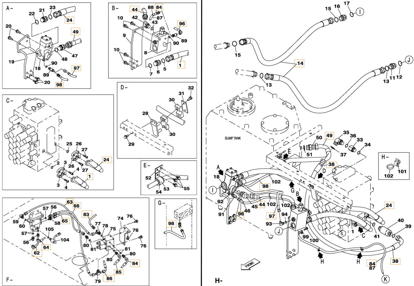 Case CX250C installation diagram showing hydraulic hose KHJ2036 at Pipe No. F83