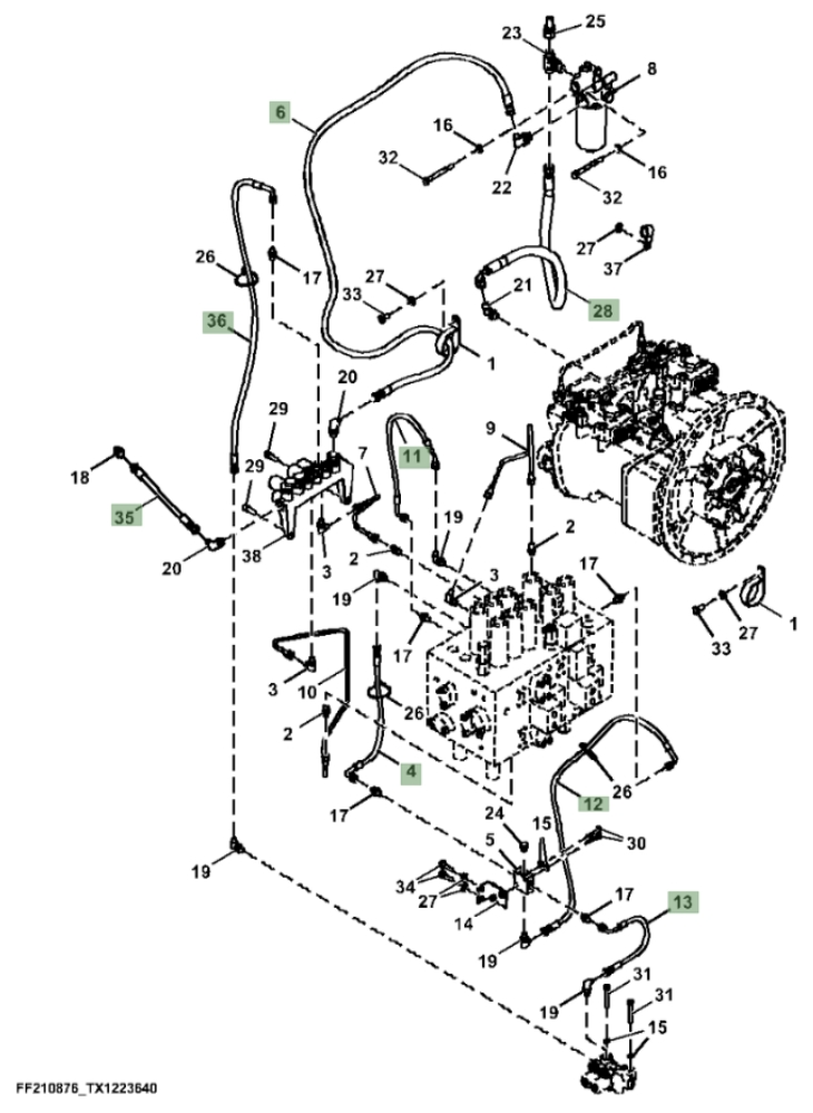Hitachi ZX370F-FE-6N installation diagram showing hydraulic hose 4447441 at Pipe No. 6