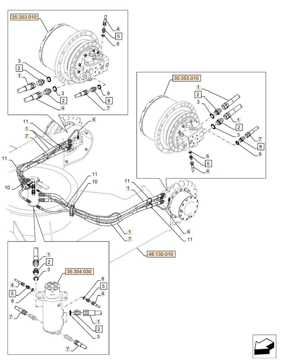 Case CX145D SR 2PB installation diagram showing hydraulic hose 150963A1 at Pipe No. 7