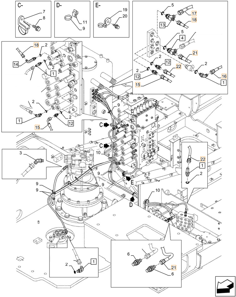 Case CX290D LC MH installation diagram showing hydraulic hose KHJ13800 at Pipe No. 15