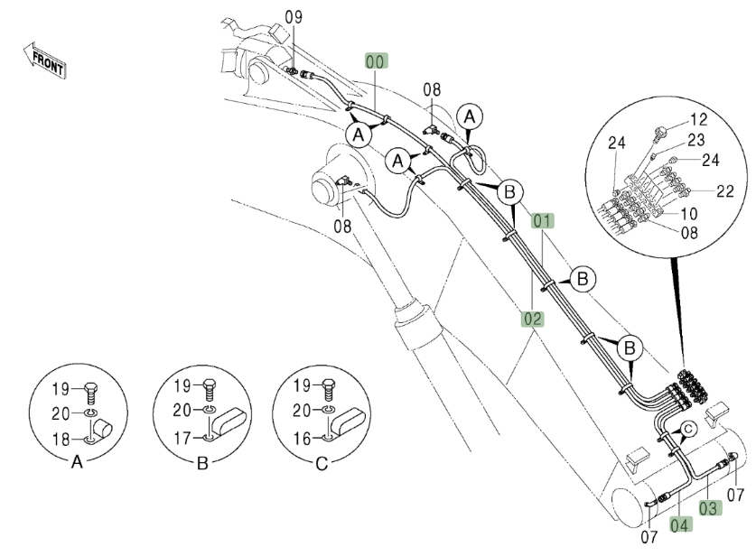 Hitachi ZX800 installation diagram showing hydraulic hose 4342975 at Pipe No. 0
