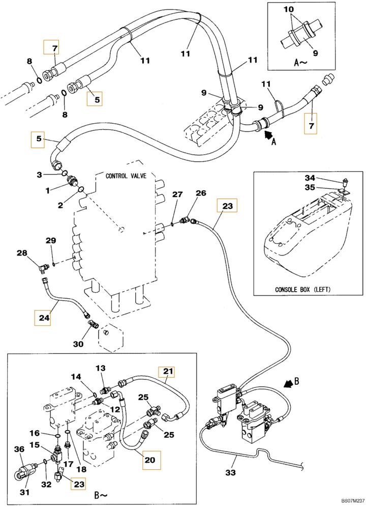 Case CX135SR installation diagram showing hydraulic hose KHJ2341 at Pipe No. 23